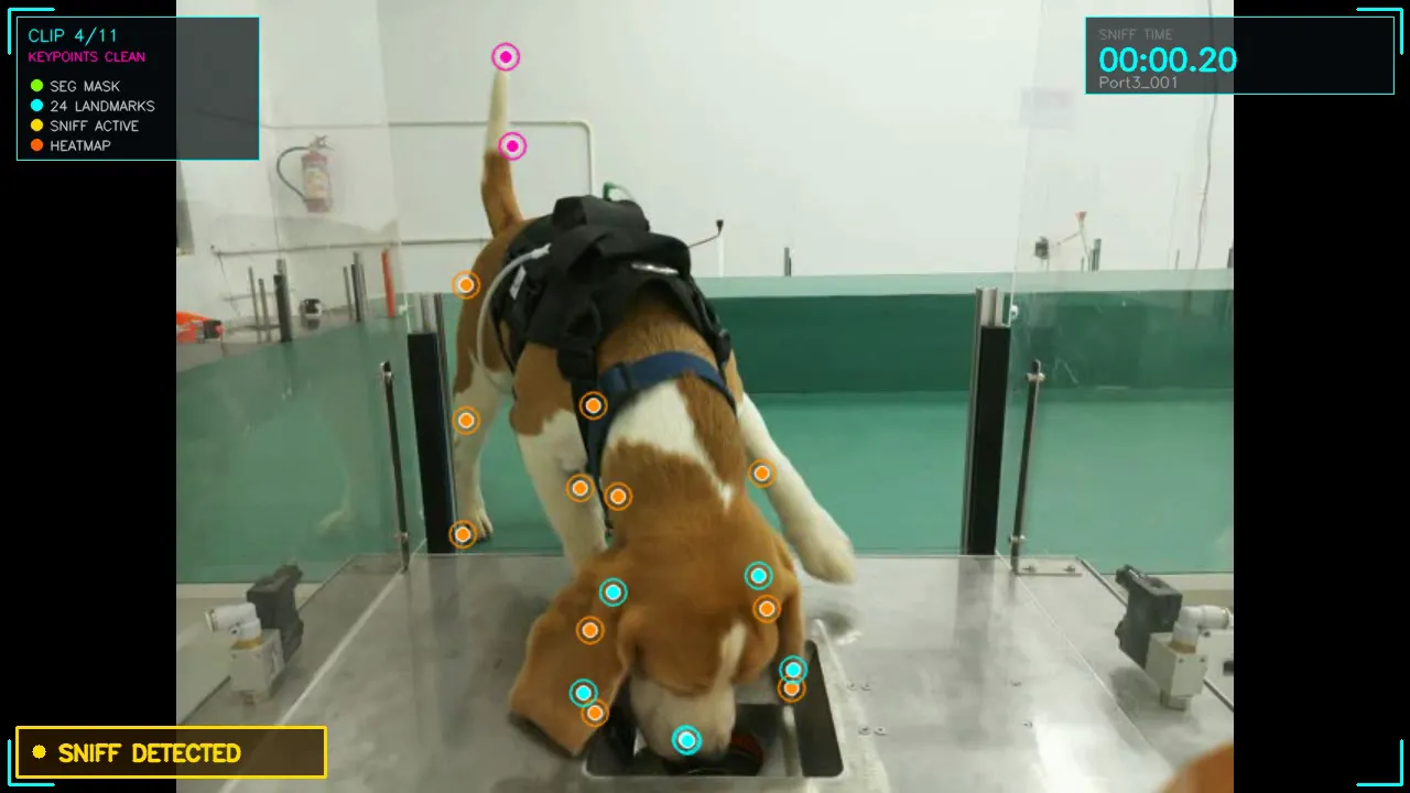 A detection dog wearing DogSense, assessing samples at a SniffSpace station