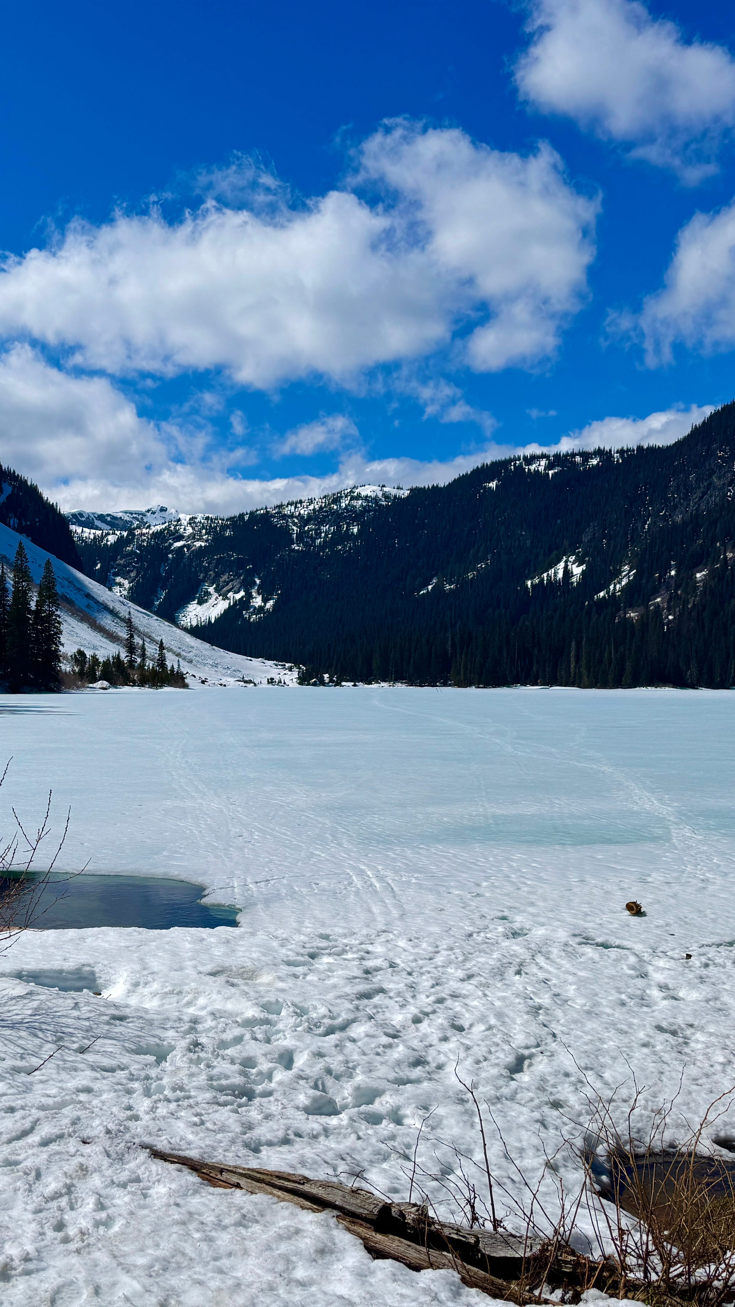 Crystal-clear Falls Lake near Hope, BC, nestled in subalpine meadows with mountain peaks and conifer trees along the shore