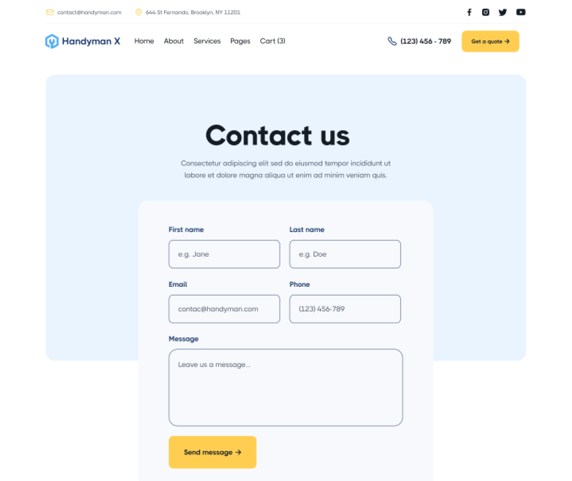 Handyman X - Contact V2 Page - Handyman Webflow Template