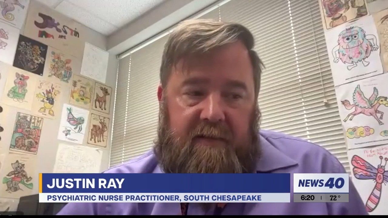 Justin Ray, MSN, PMHNP-BC, during his WNKY News 40 interview for Mental Health Awareness Week
