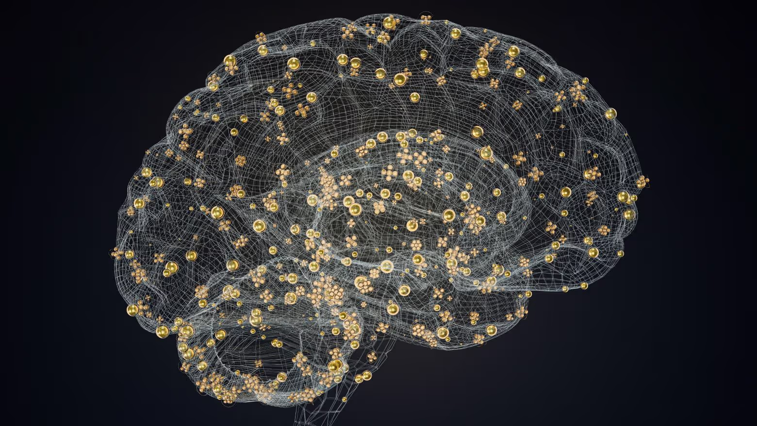 Computer-generated image of a human brain, illustrating how esketamine and ketamine act on glutamate signaling.