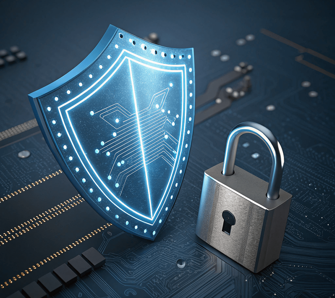 A digital shield with circuit patterns and a padlock stand on a dark electronic circuit board, symbolizing cybersecurity and data protection.