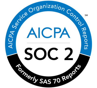 The image shows a blue and black AICPA SOC 2 logo.