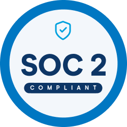 The image shows a blue SOC 2 compliant logo.