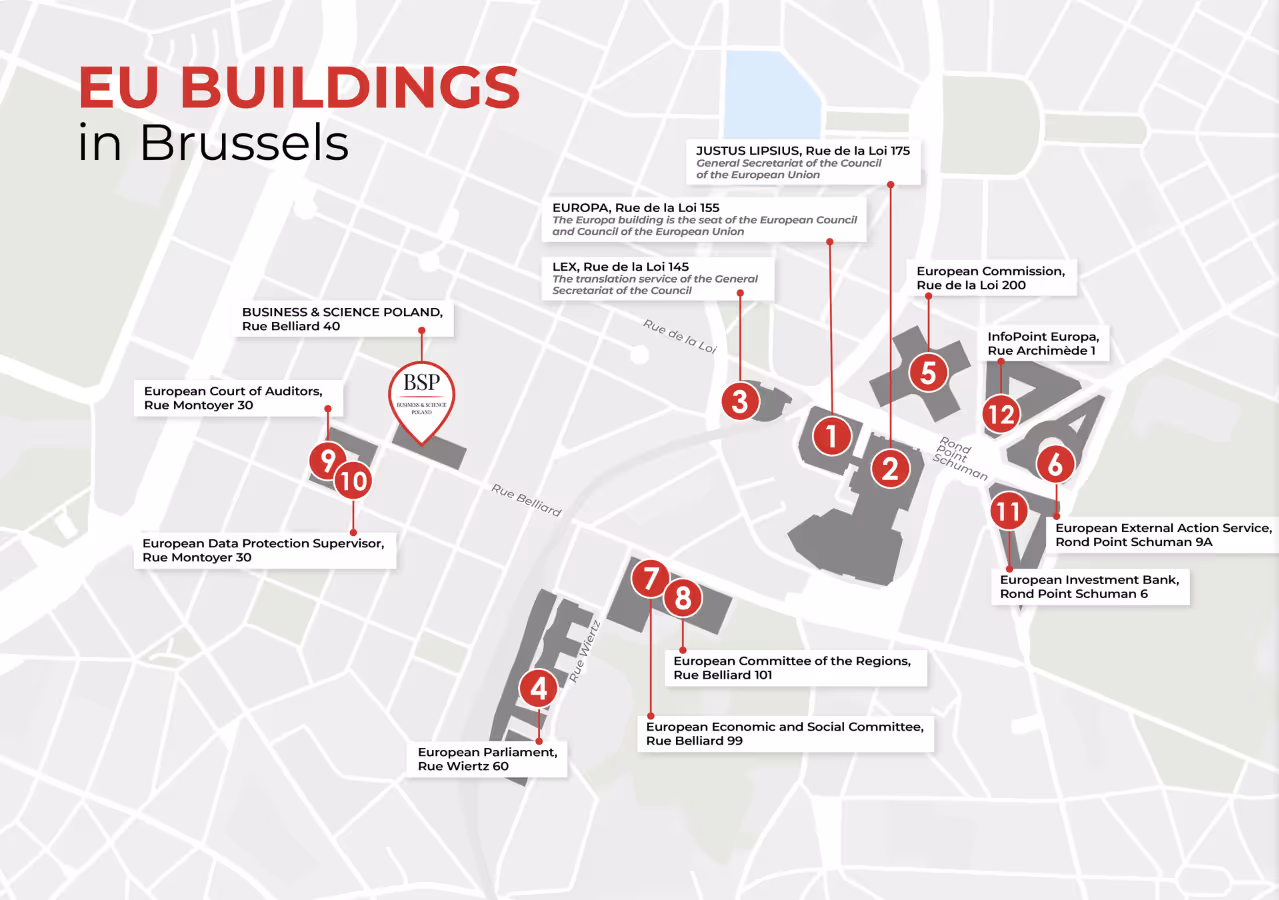 Mapa umiejscowienia biura BSP pośród kluczowych budynków instytucji UE