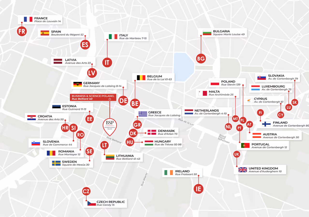 Mapa umiejscowienia biura BSP pośród stałych przedstawicielstw państw członkowskich