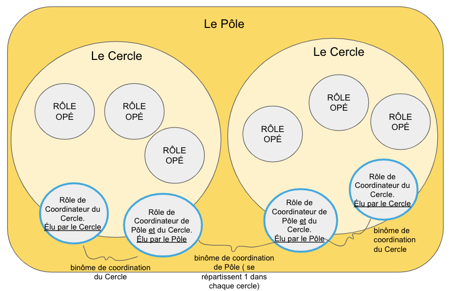 Schema qui représentation une organisation en pôles, cercles et rôles.