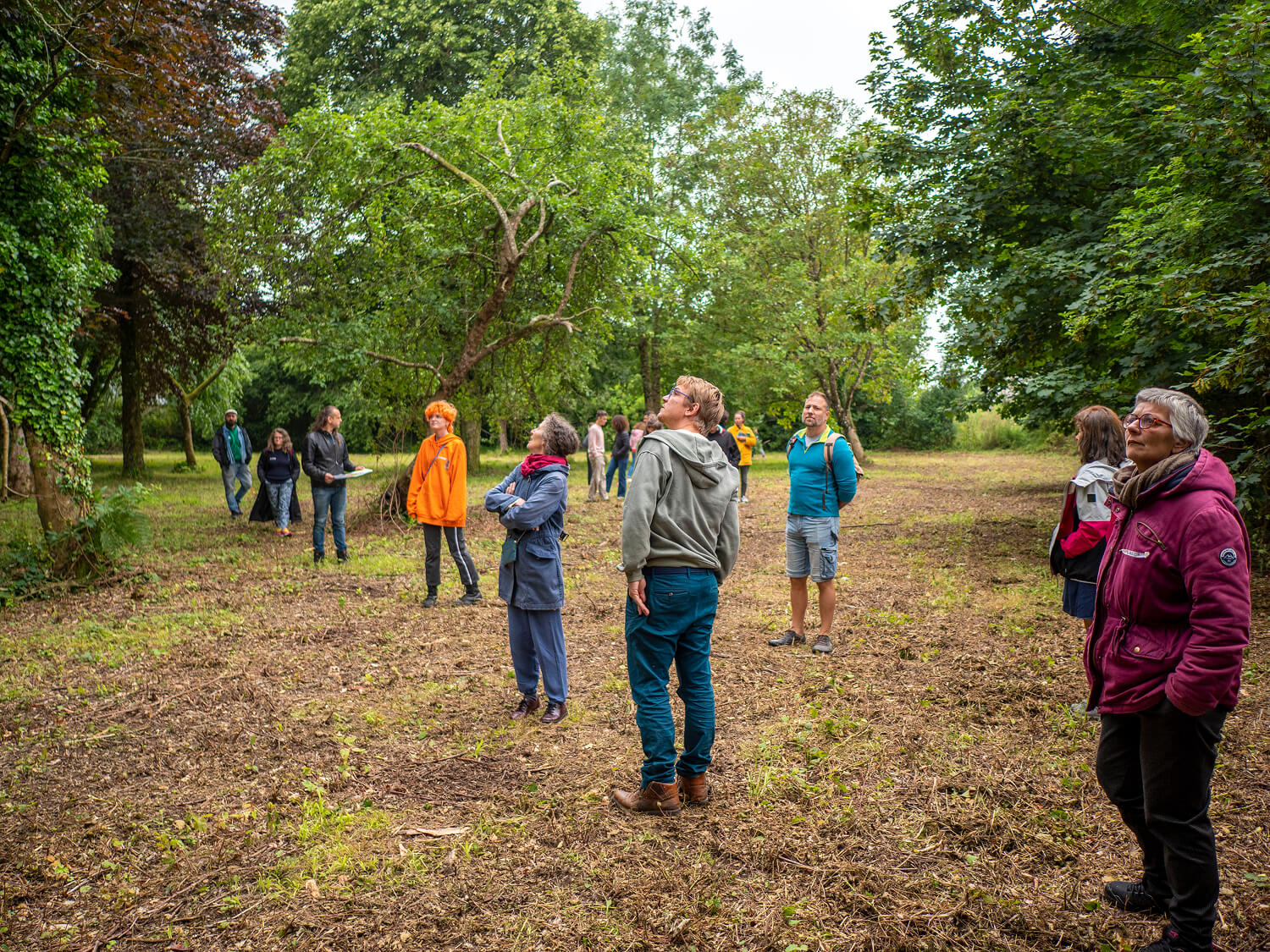 Collectif qui visite un terrain pour un hameau léger