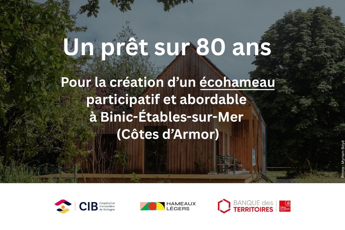 Aperçu du bâtiment commun d'un hameau léger recouvert par du texte et les logos des partenaires