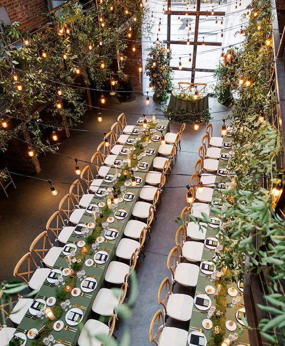 An indoor wedding set up in holiday festivities.