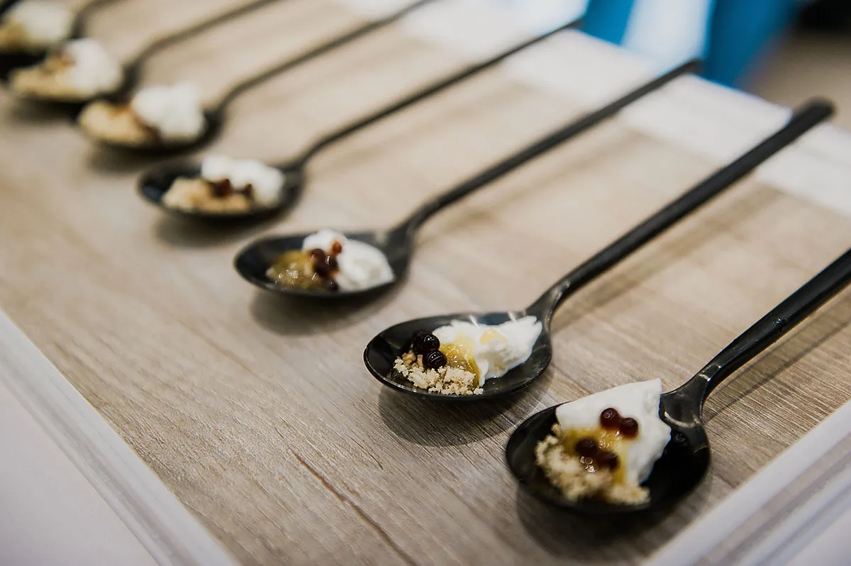Deconstructed blackberry crumble dessert plated by Bartleby & Sage's pastry chef for an upscale catering event