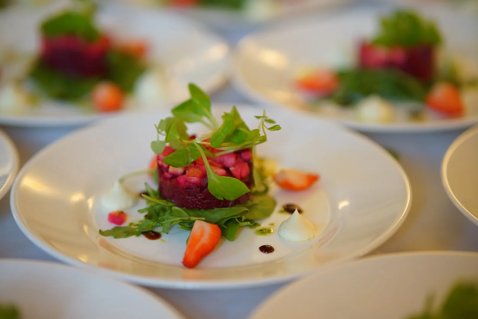Beet and apple tartare canapé prepared by Bartleby & Sage's culinary team for an upscale event