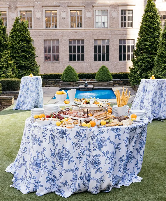 Catering set up on a rooftop terrace for an all-day event.