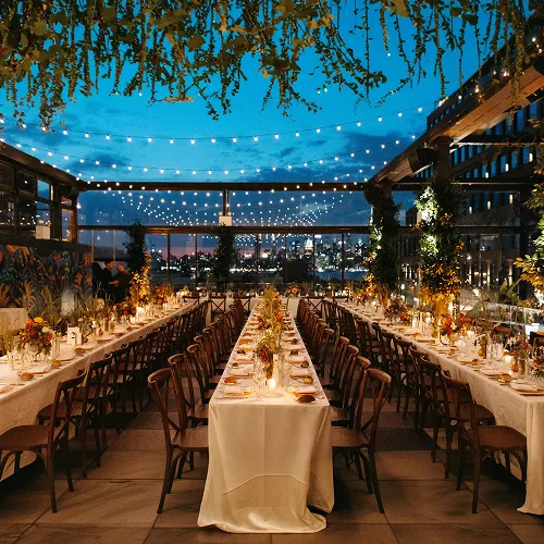 A nighttime, rooftop wedding that overlooks the NYC skyline.