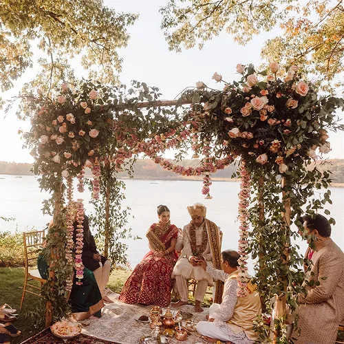 A flower-filled Indian wedding on the waterfront.