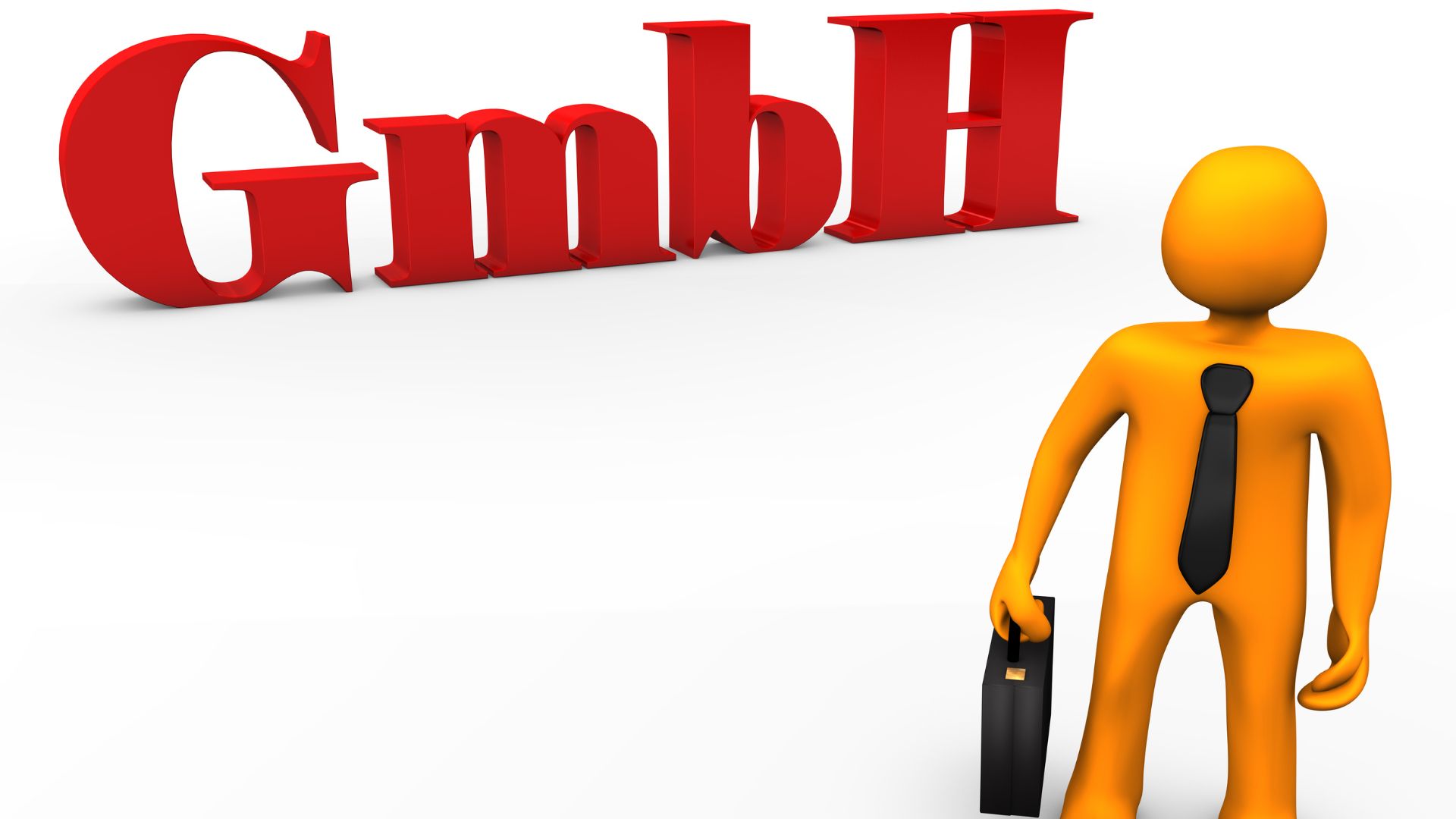 Grafische Darstellung einer orangefarbenen Figur mit Aktentasche und Krawatte vor großen roten Buchstaben ‚GmbH‘