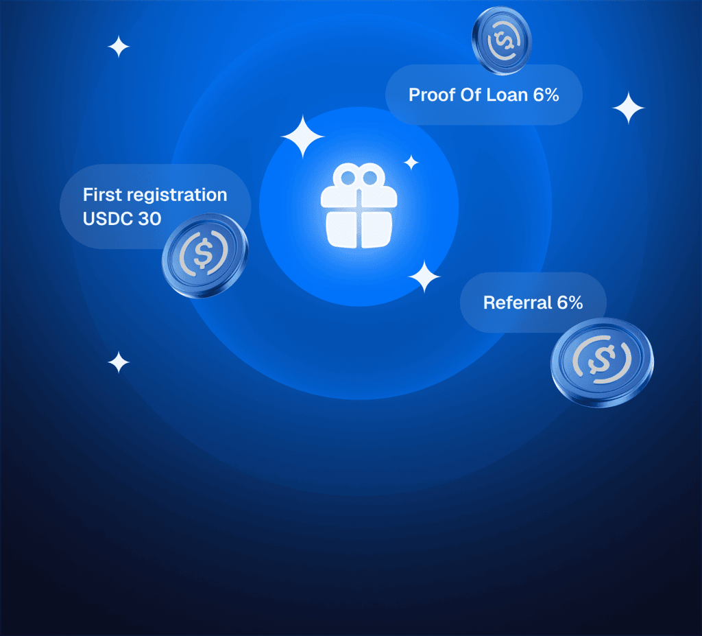 Icon of a gift box with glowing circles and sparkles, labeled "+10€ add friends" and "+5€ per investment" on a blue background.
