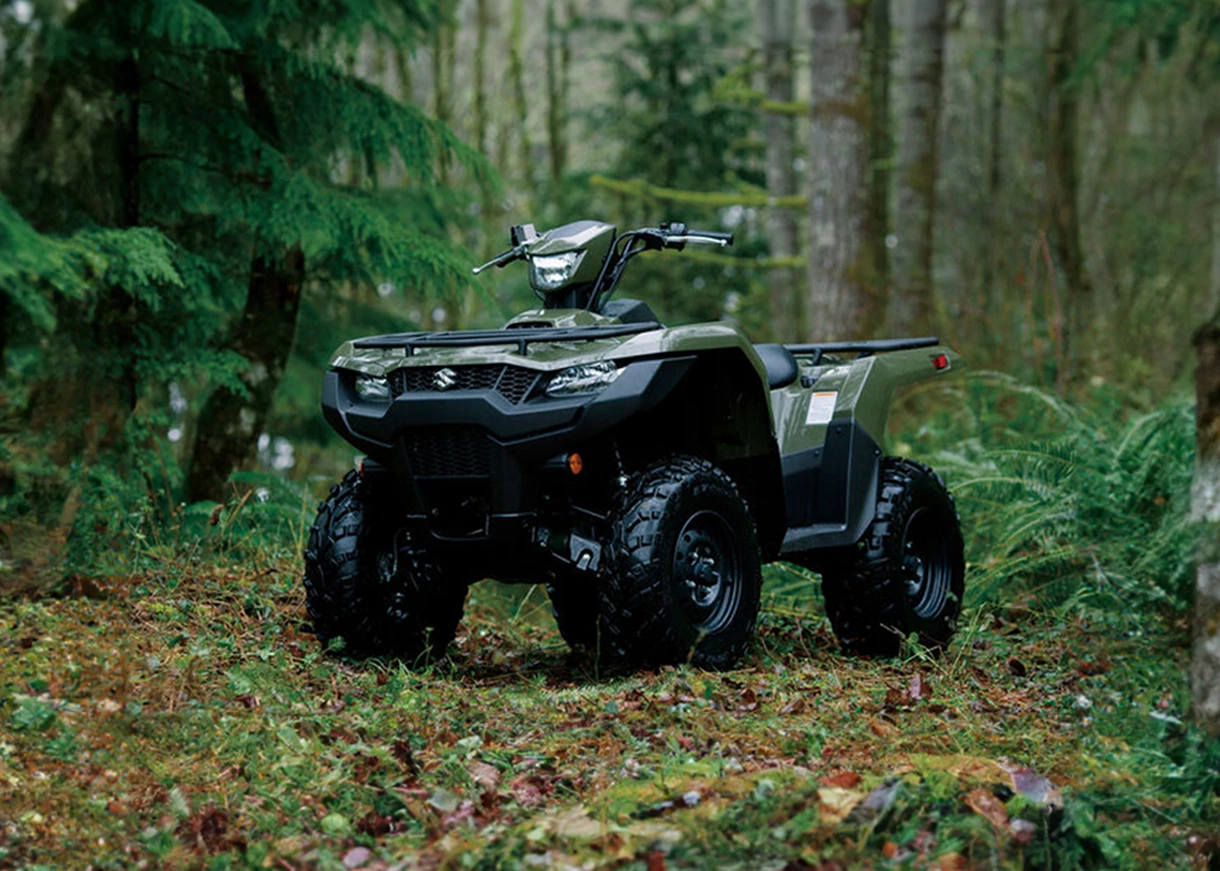 Green all-terrain vehicle (ATV) parked on forest ground with trees and ferns in the background.