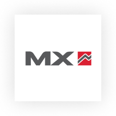 Logo with letters MX followed by a red square containing a stylized upward trend line.