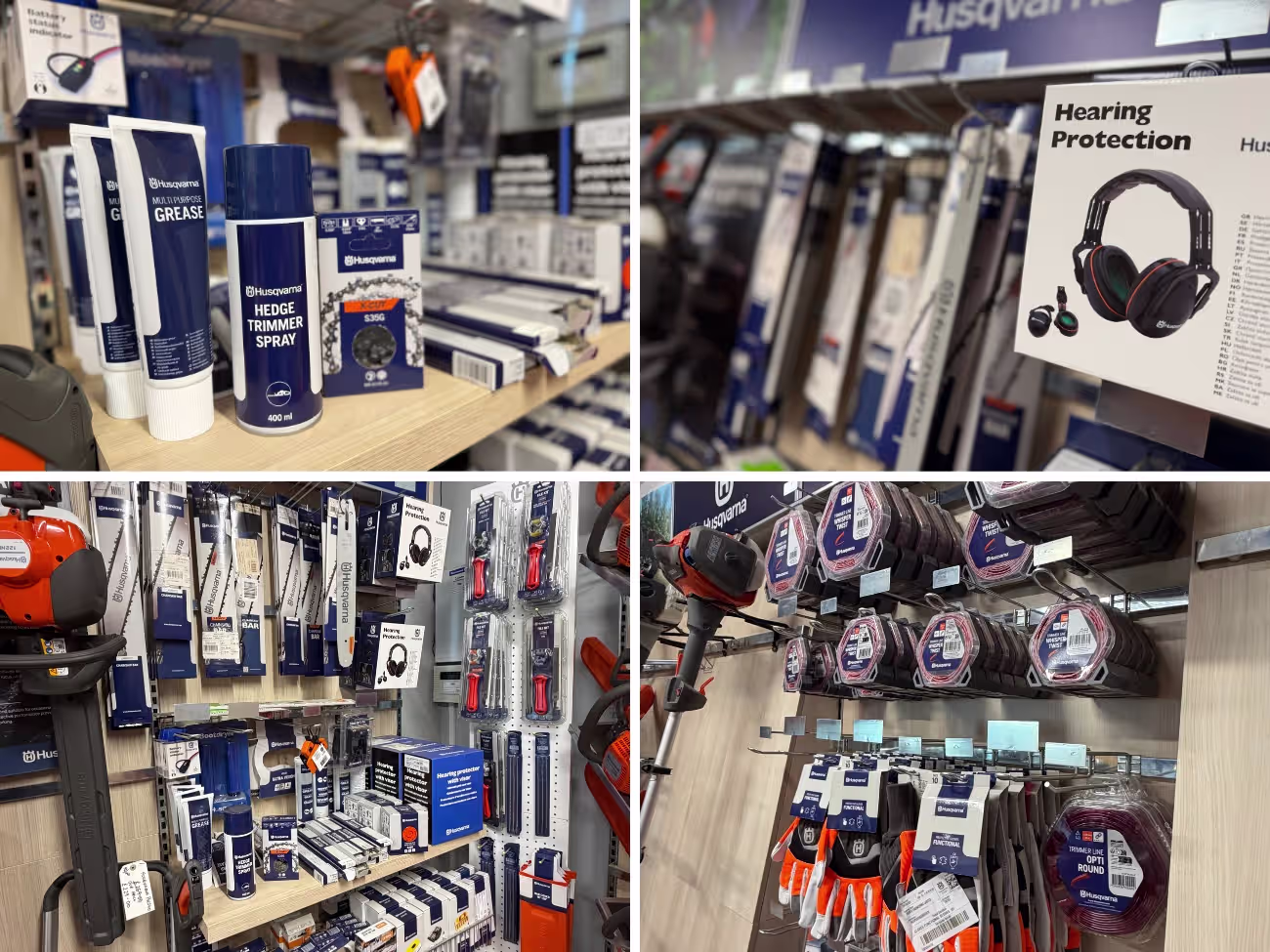 Shelves stocked with Husqvarna branded hedge trimmer spray, multipurpose grease, hearing protection headphones, trimmer lines, gloves, and other power tool accessories in a hardware store.
