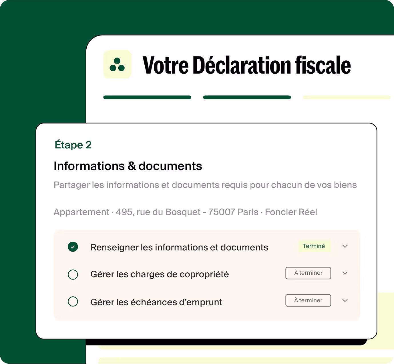 Écran étape 2 de déclaration fiscale : Informations & documents, tâches sur charges copropriété et échéances d’emprunt.