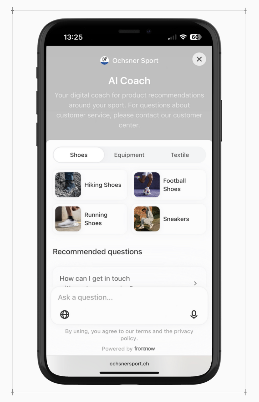 Mobile interface of the Ochsner Sport AI Coach, showing real-time product recommendations for shoes, equipment, and textile categories.