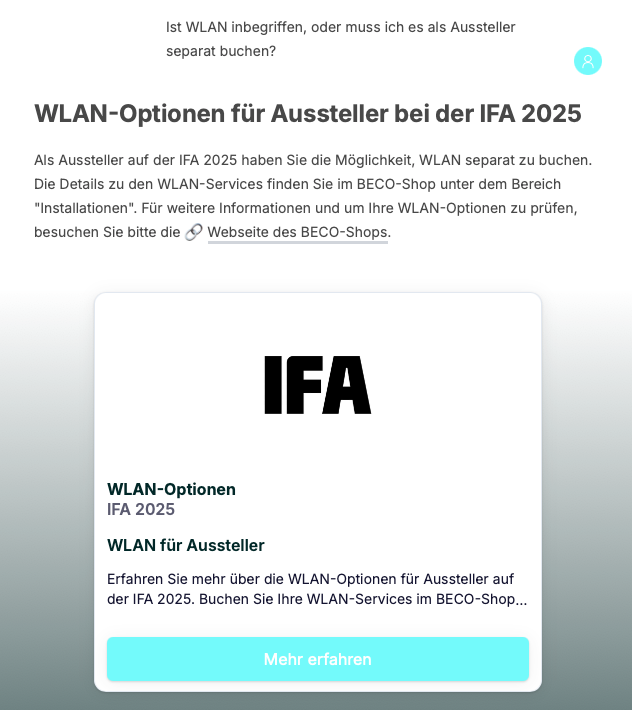 Frage an den IFA Advisor, die den KI-gestützten Ausstellersupport veranschaulicht.