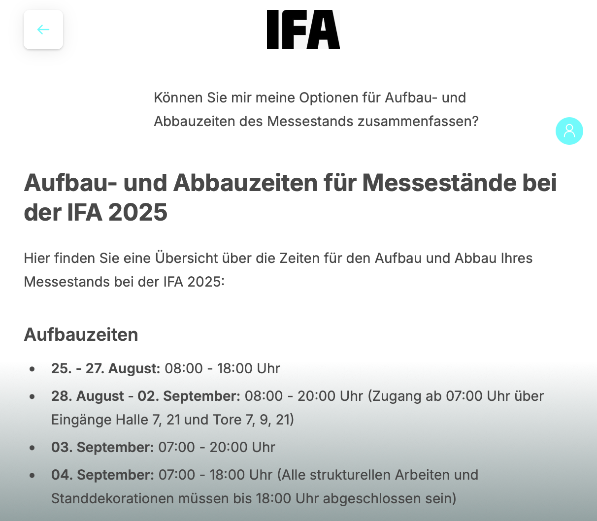 Aussteller fragt den IFA Advisor nach den Auf- und Abbauzeiten des Messestands und erhält eine KI-generierte Zusammenfassung des Aufbauplans.