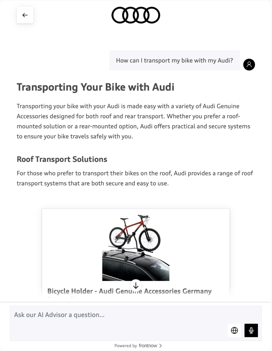 Kunde stellt eine produktbezogene Frage an Audis KI-gestützten Berater und demonstriert damit digitale Echtzeit-Unterstützung in einem Anwendungsfall aus dem Transportbereich.