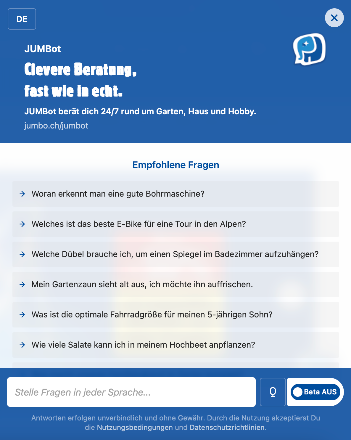 JUMBot-Oberfläche des digitalen Beraters von JUMBO mit empfohlenen DIY- und Gartenfragen für eine 24/7-Heimwerkerberatung.