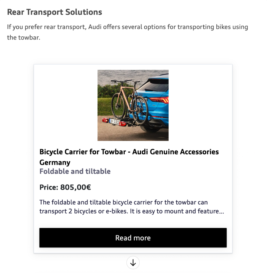 Vom Advisor geführte Produktempfehlung für Audis Fahrradträger zur Montage an der Anhängerkupplung – kontextbezogene Unterstützung in Aktion.
