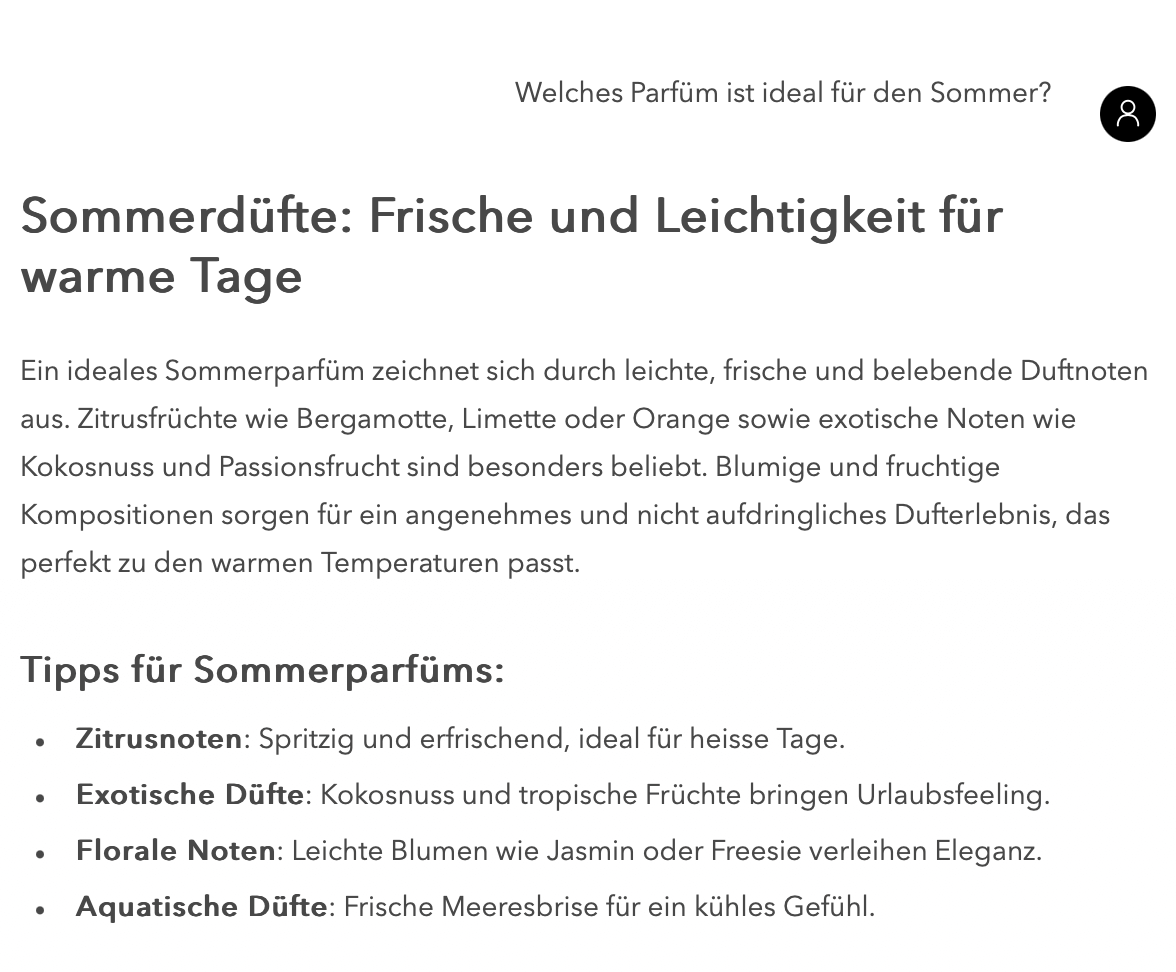IMPO-Beispiel für geführte Produktsuche bei saisonalen Parfümanfragen