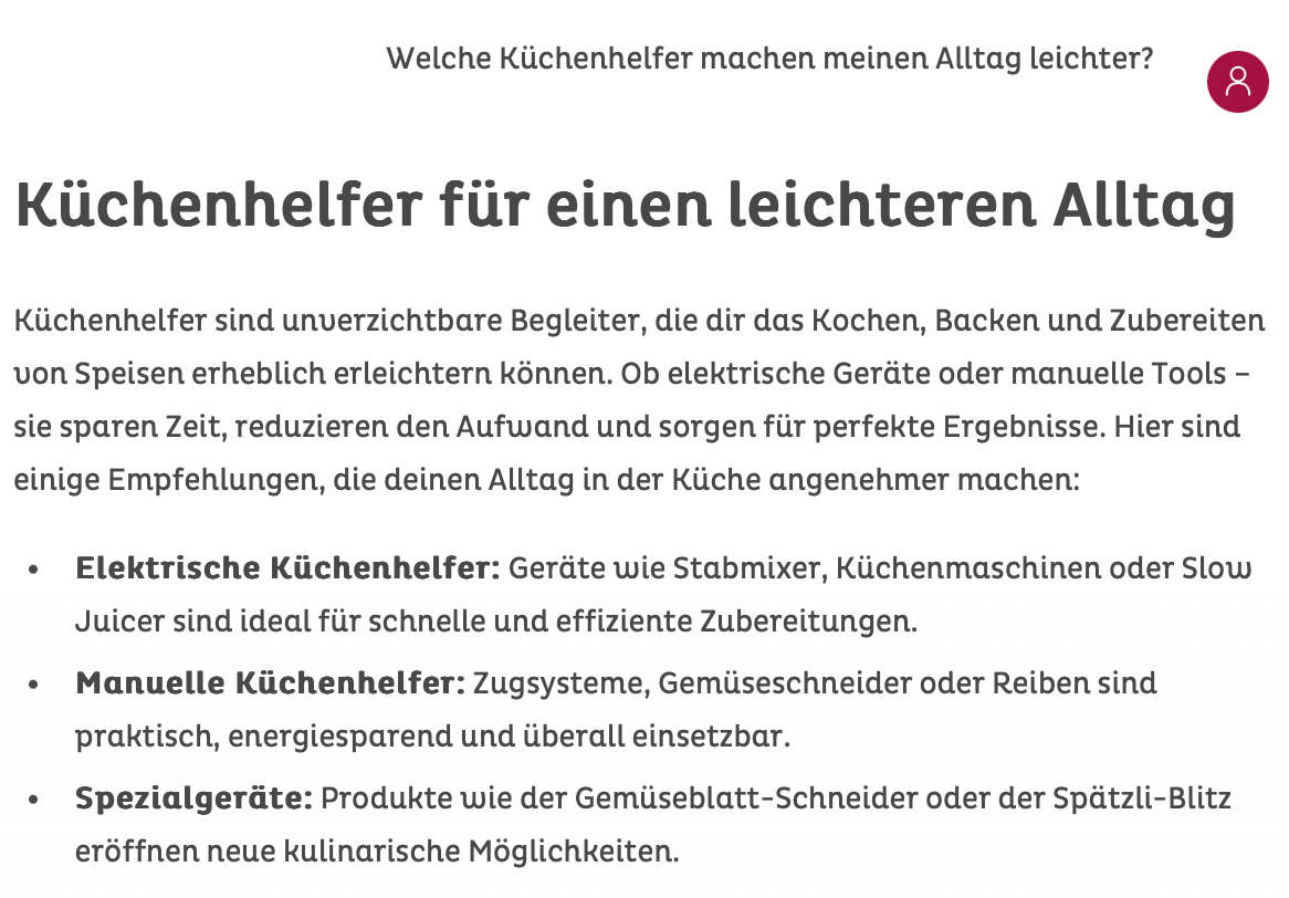 Betty Bossi Advisor zeigt personalisierte Empfehlungen für Küchenhelfer