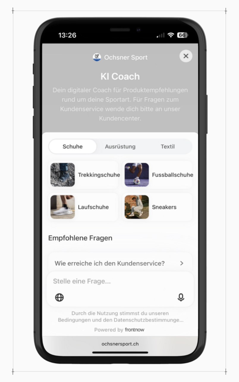 Ochsner Sport AI Coach mit Echtzeit-Produktempfehlungen für Schuhe, Ausrüstung und Textilkategorien.