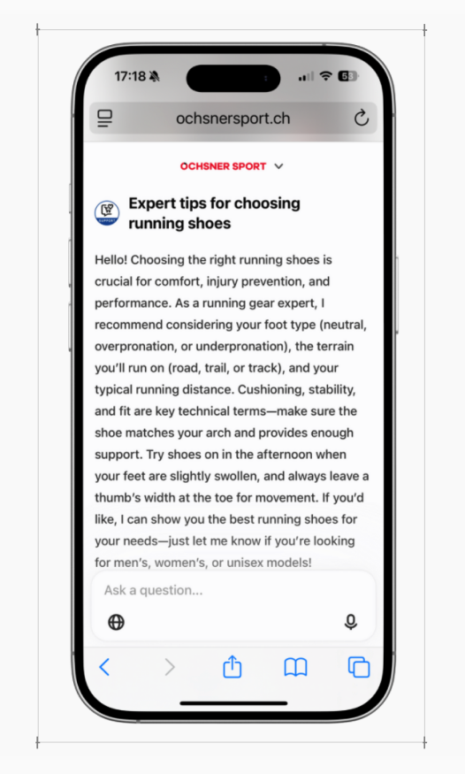 Mobile view of Ochsner Sport’s AI assistant giving expert product advice on choosing running shoes.