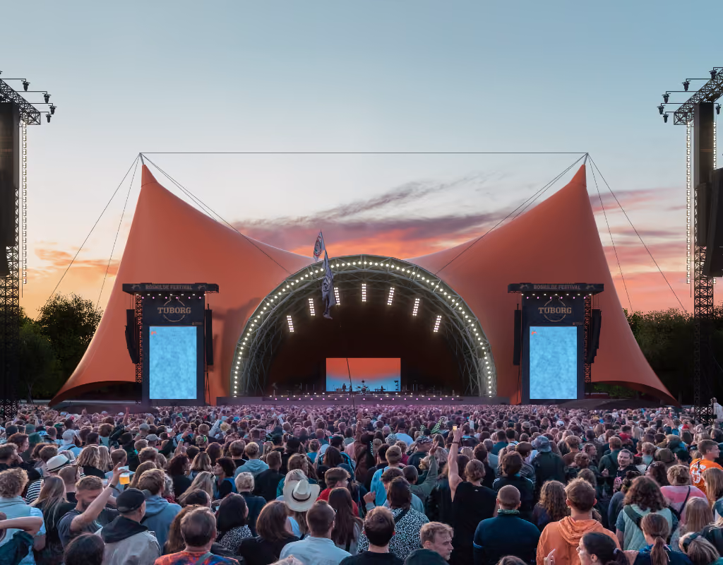 Roskilde Festival's iconic Orange Stage with audince in front