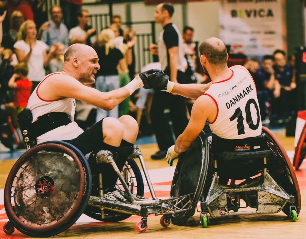 The Danish national wheelchair rugby team in action