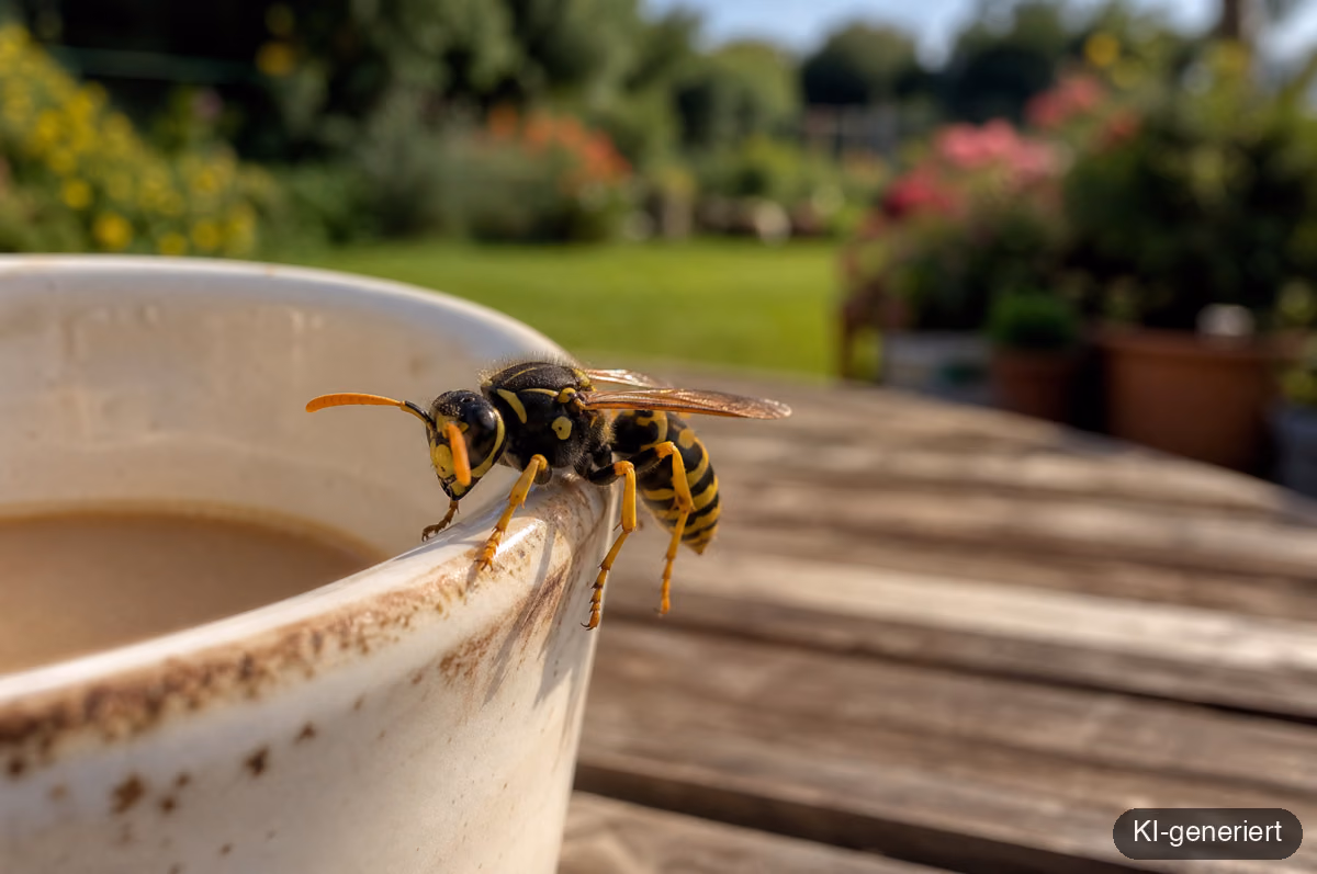 Wespe sitzt auf dem Rand einer Kaffeetasse auf einem Gartentisch.