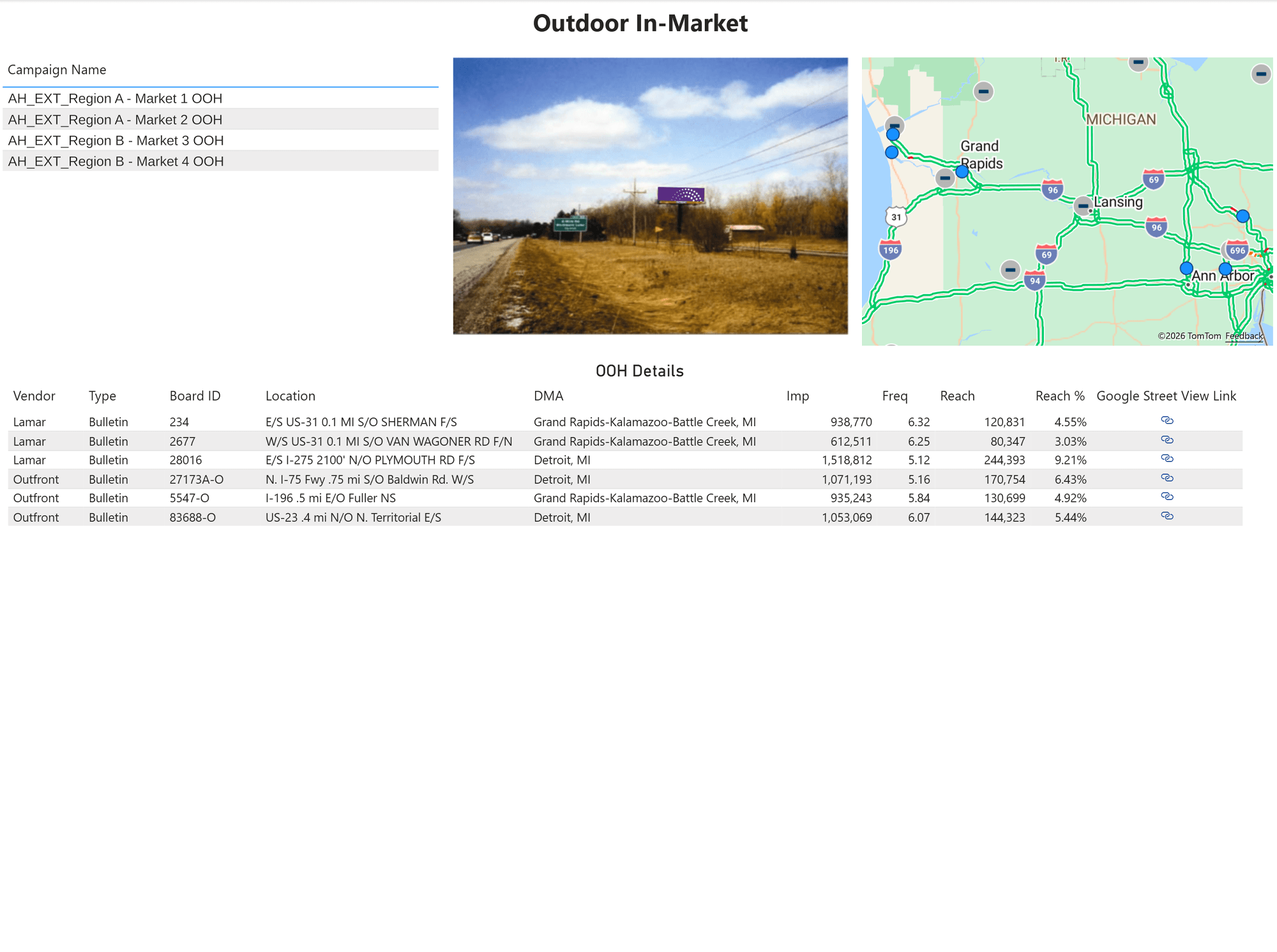 Screenshot of the Outdoor in-market report for Hello-MPP that shows a photo of the billboard and a map of its location.