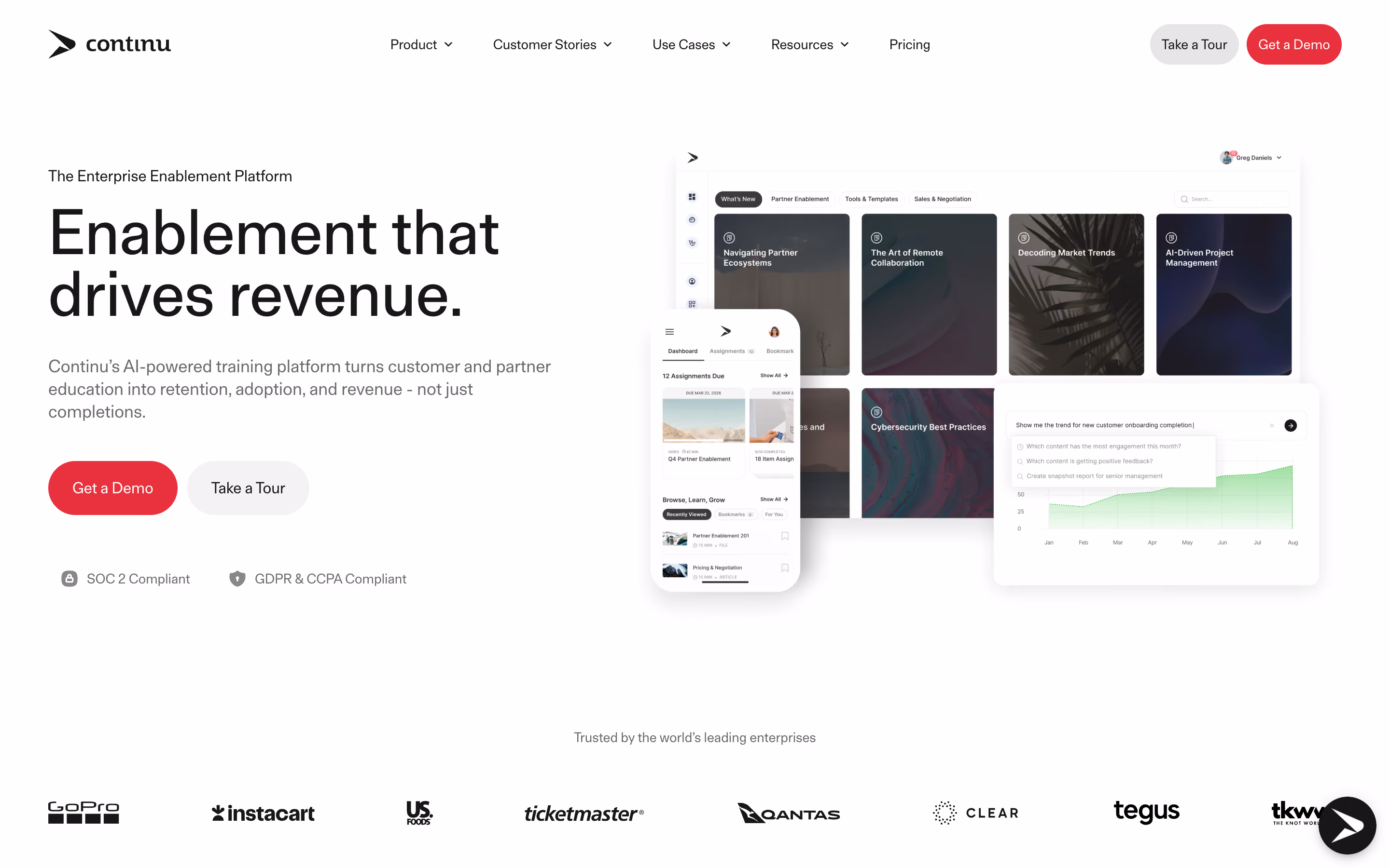 Continu AI-powered enablement platform homepage with product features, demo and tour buttons, and client logos.
