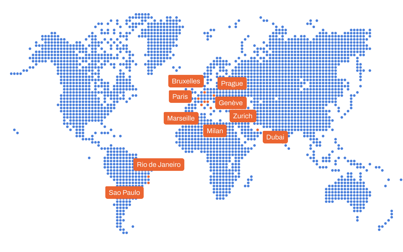 Carte du monde en points bleus avec les villes marquées en Europe, Amérique du Sud et Moyen-Orient : Bruxelles, Paris, Marseille, Milan, Prague, Genève, Zurich, Dubai, Rio de Janeiro, Sao Paulo.