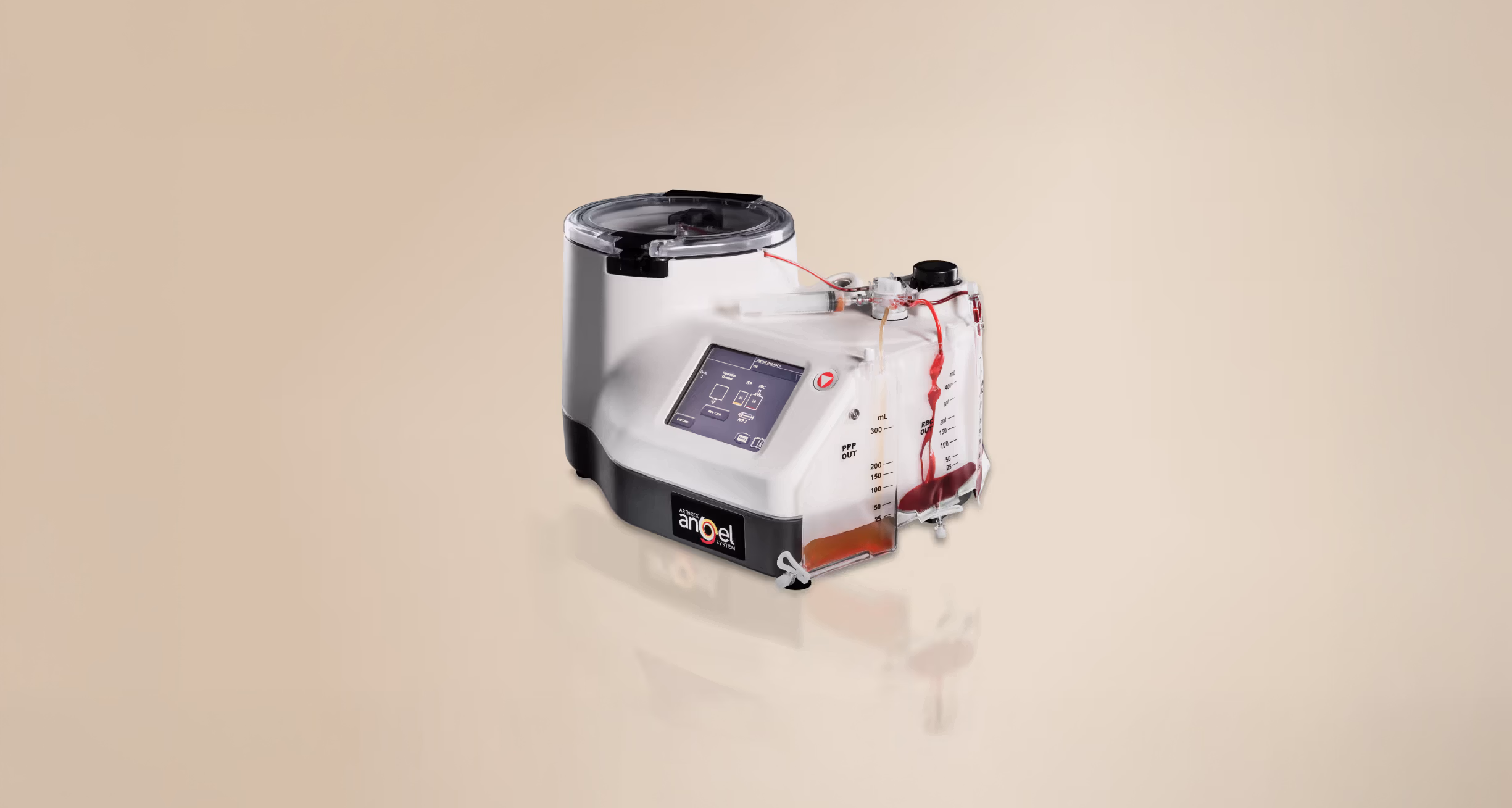 The Angel platelet-rich plasma (PRP) processing system: a medical device with touchscreen, built-in PRP centrifuge, and attached tubing and blood bags partially filled with autologous blood components.