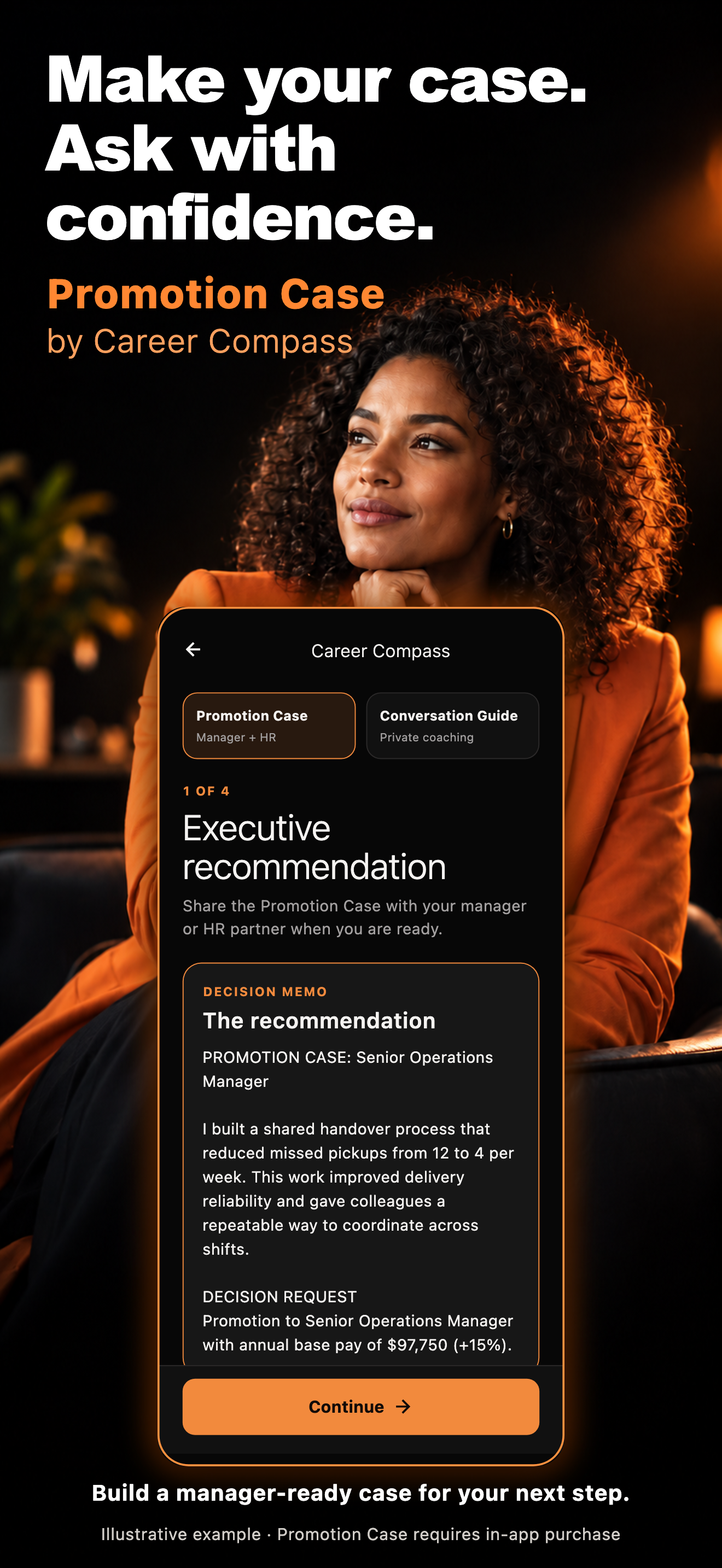 Promotion Case app preview: build a case for your next promotion or raise. Illustrative example.