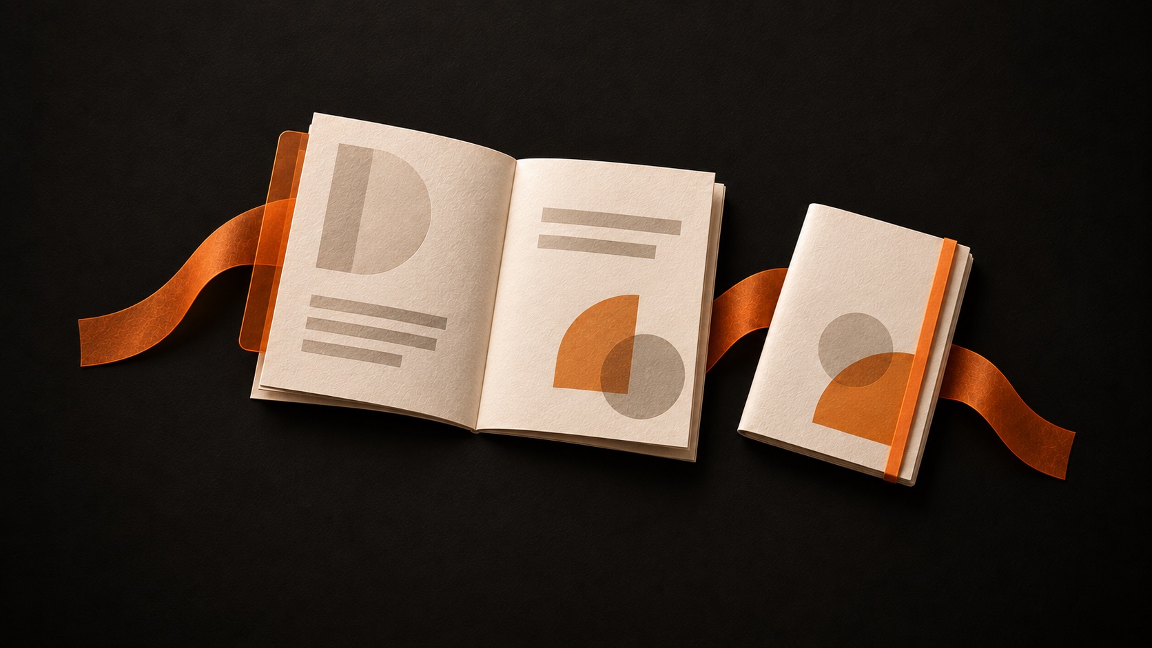 An open case document and a separate personal guide connected by an orange ribbon.