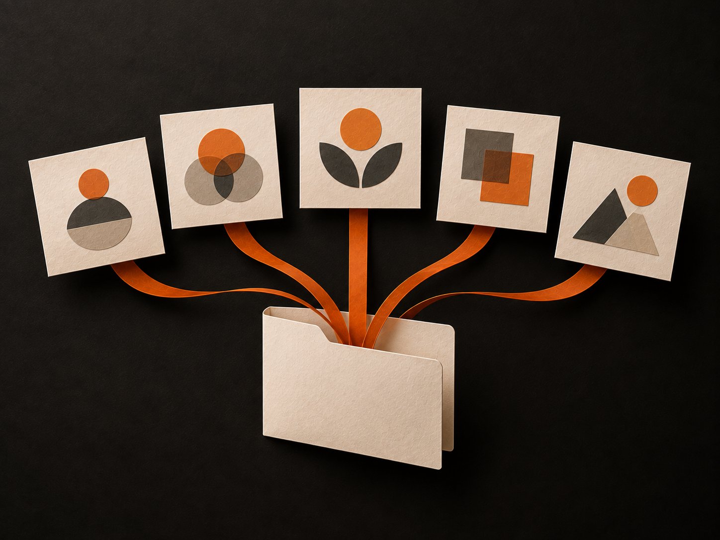 Five distinct evidence cards connected to a single case by an orange ribbon.