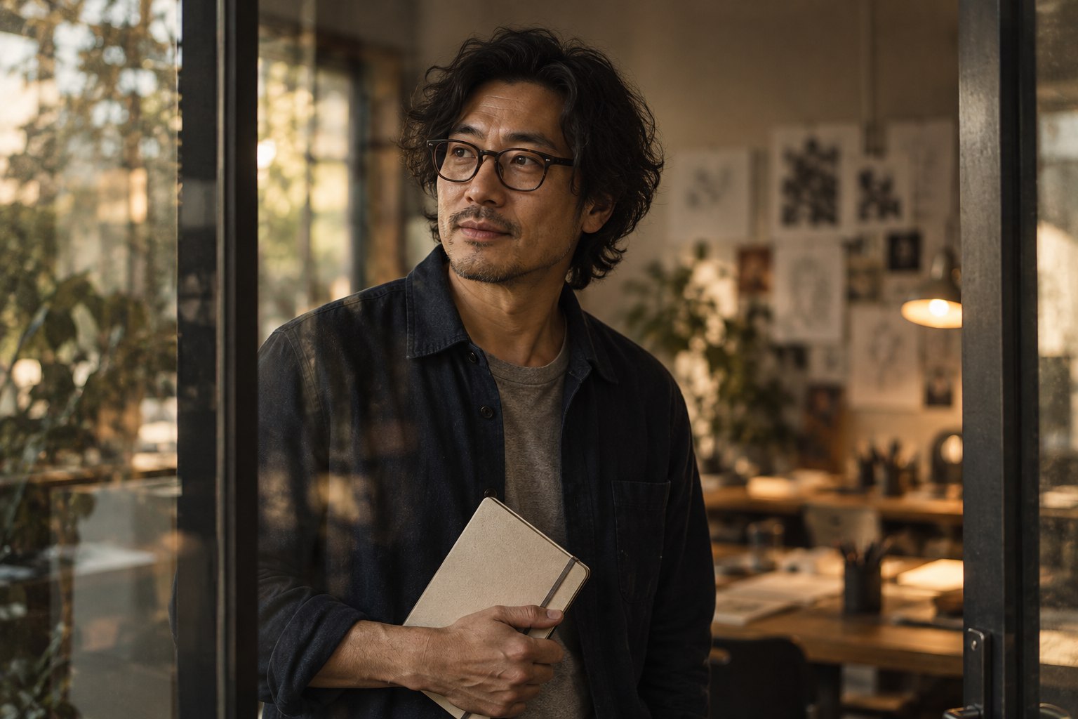 A man holds a notebook in a quiet workspace, looking through reflective glass.