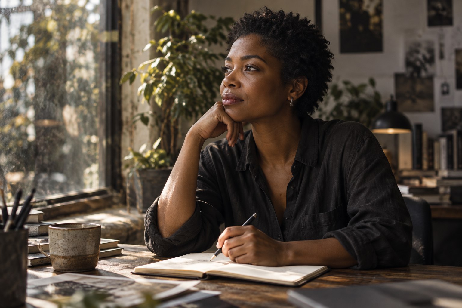 A woman pauses over an open notebook in a sunlit workspace.