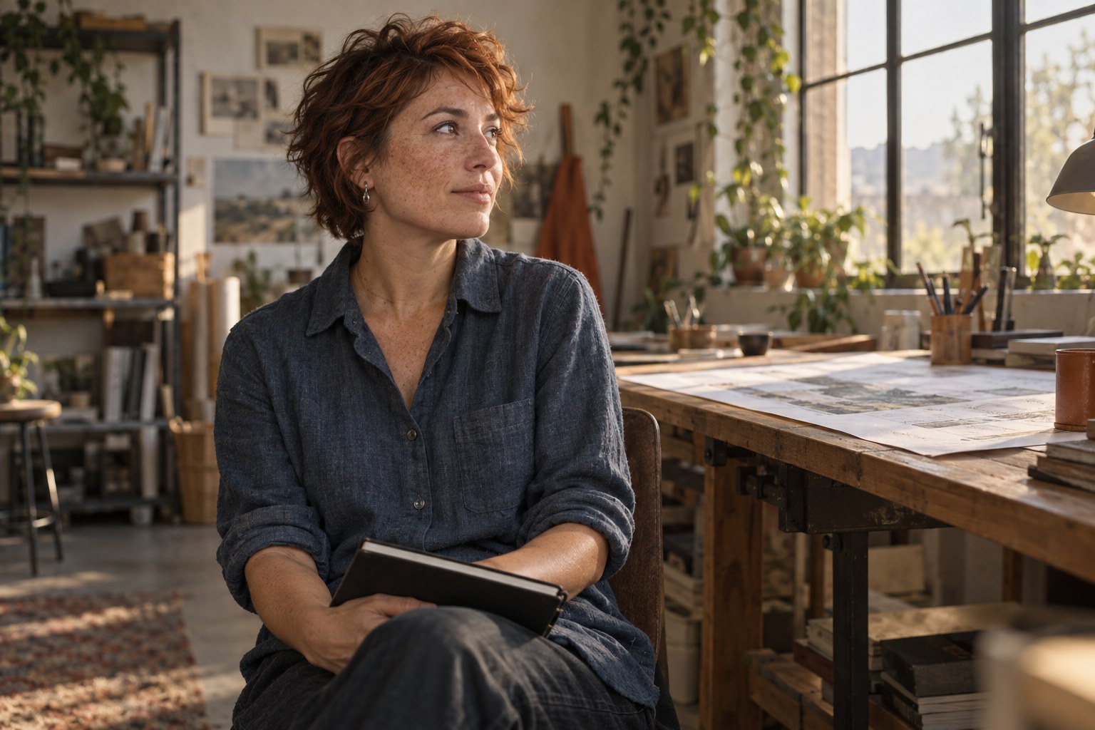 A woman with short auburn hair holds a notebook and looks toward the light in a creative workspace.