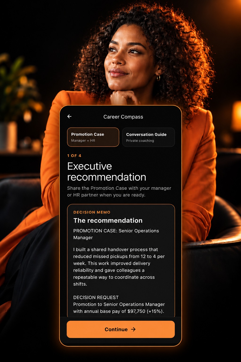 A thoughtful woman behind an illustrative Promotion Case app preview showing an executive recommendation.