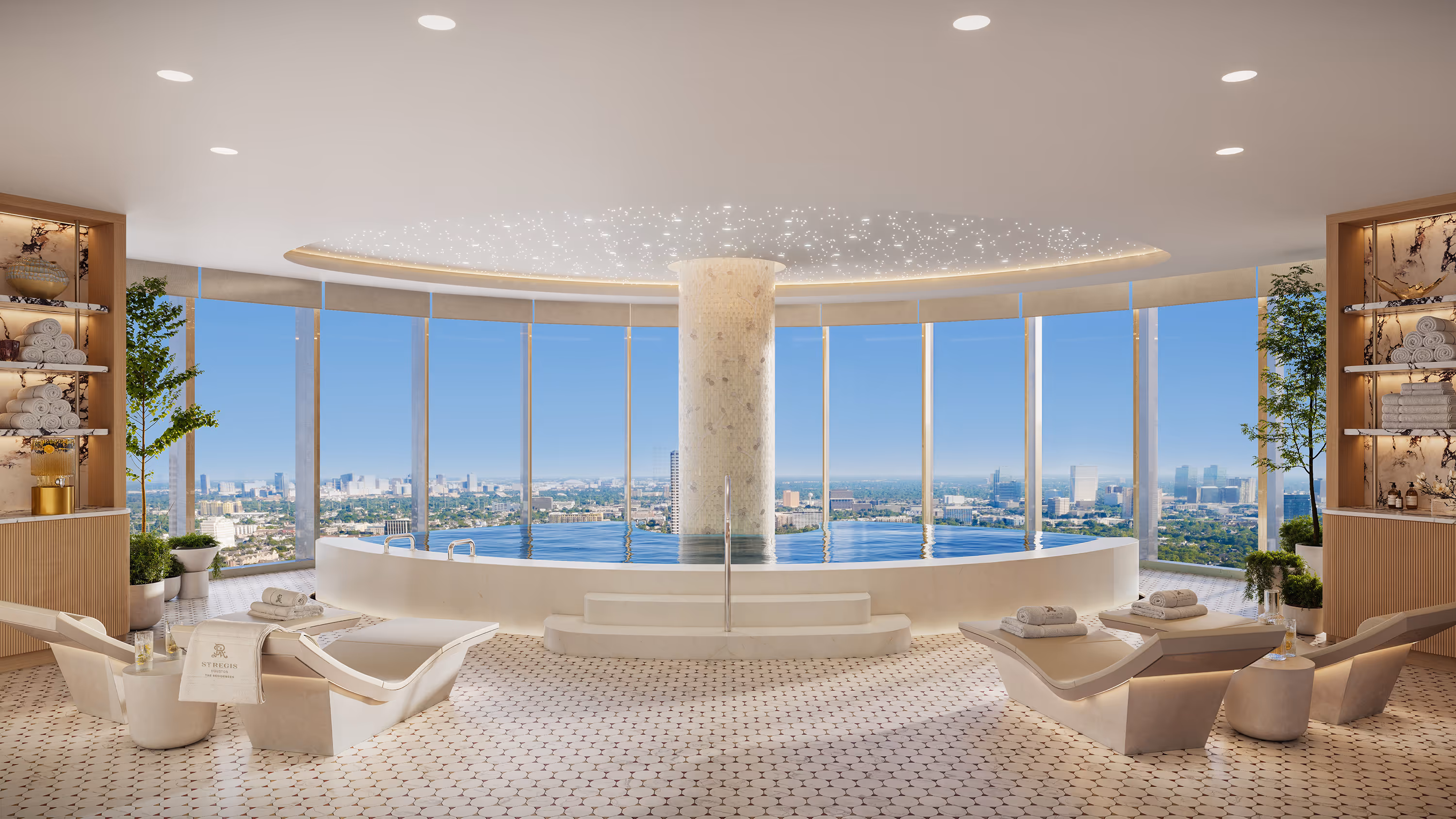 Exquisite spa at The St. Regis Residences Houston, featuring infinity hot tub, elegant lounge seating and floor-to-ceiling windows with panoramic views of the Downtown Houston skyline.